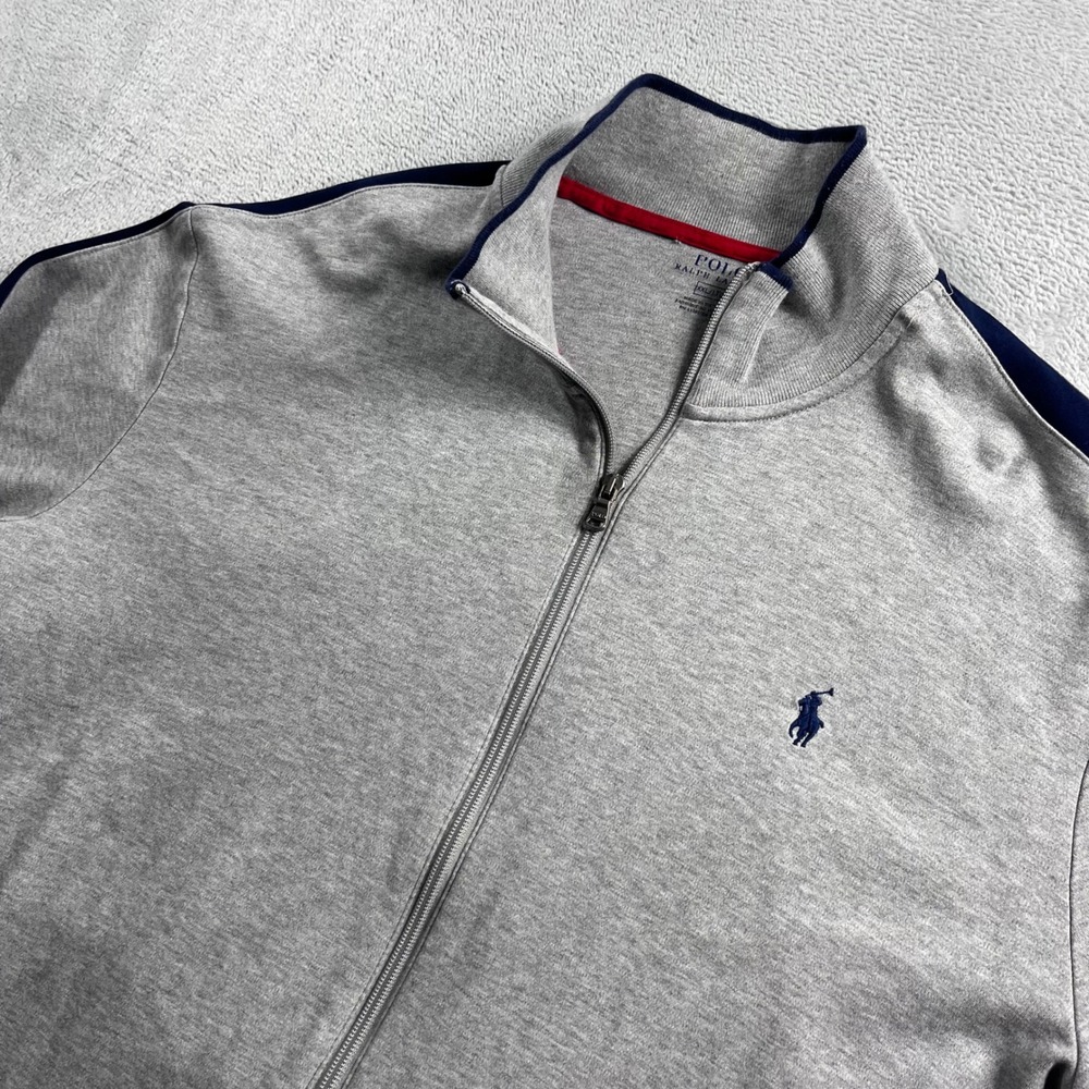 Polo Ralph Lauren Mens XXL Gray Navy Stripe Full Zip Track Jacket Mock Neck Logo